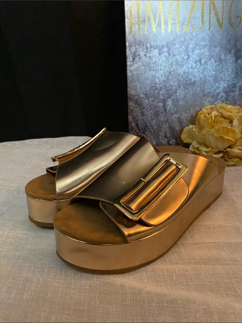 Kelsi Dagger Metallic Gold Slide Sandals with Buckle - Picture 7 of 8